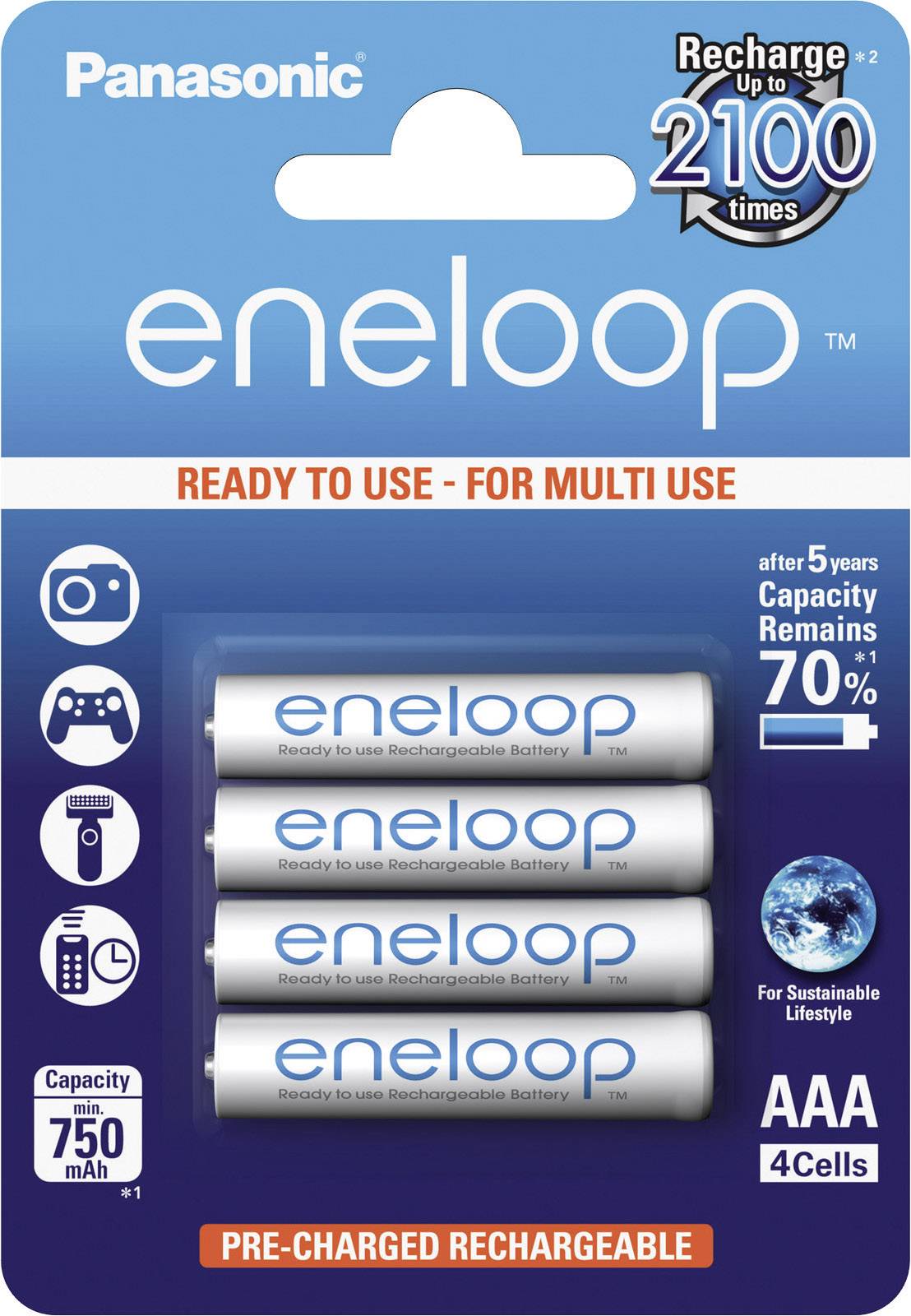 Drei AAA-Akkus von Panasonic 'eneloop', vorgeladen, geeignet für verschiedene Anwendungen. Wiederaufladbar bis zu 2100 Mal, behält 70% Kapazität nach 5 Jahren.