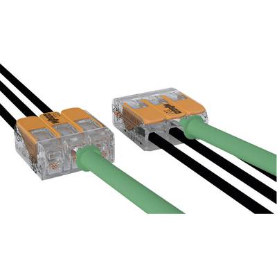 Zwei elektrische Steckklemmen verbinden mehrere schwarze und grüne Drähte miteinander.