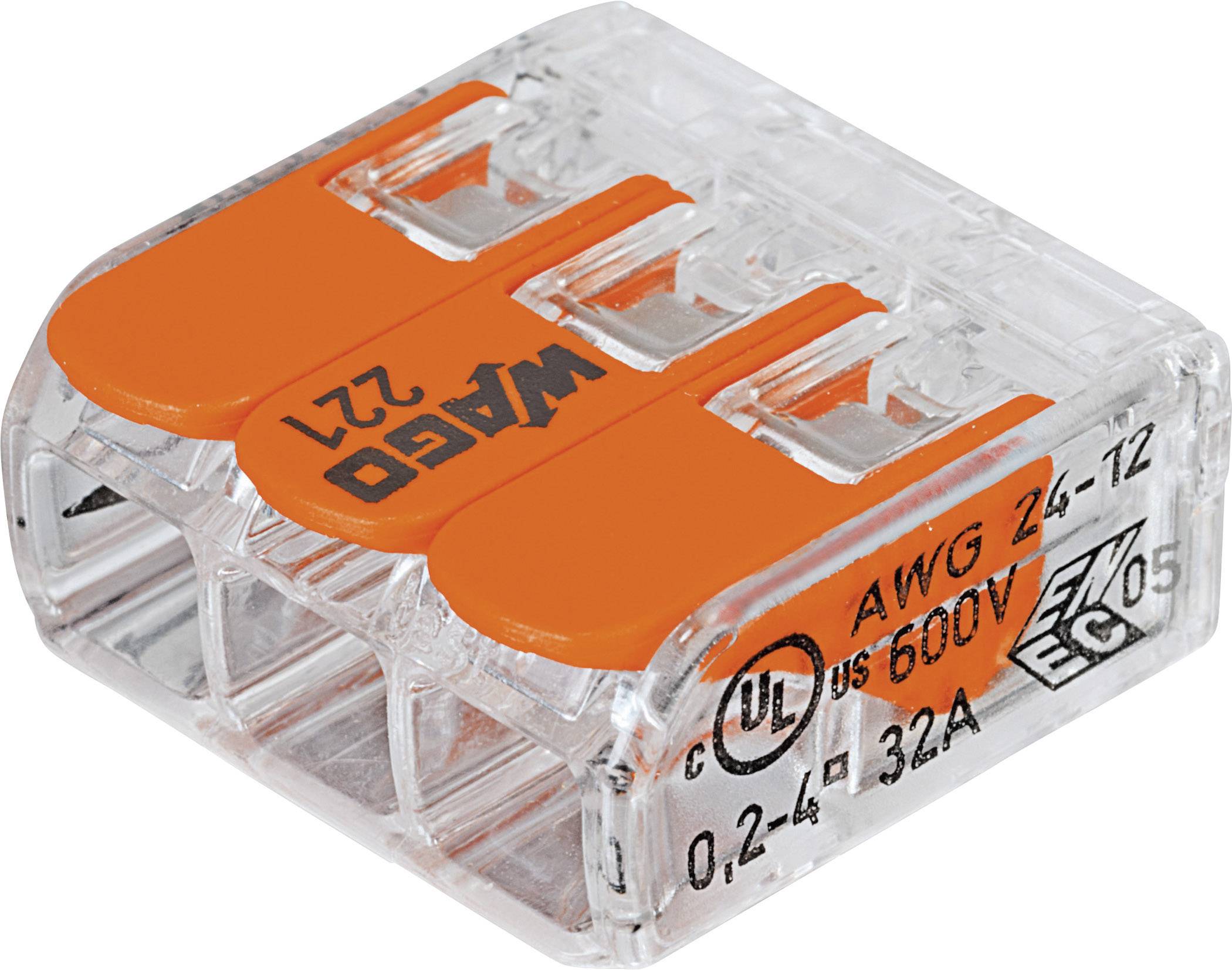 Durchsichtige Klemme mit orangem Hebel für elektrische Verbindungen, geeignet für 0,2-4 mm² Kabel, beschriftet mit technischen Details.