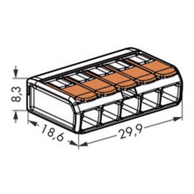Abbildung eines Steckverbindungselements mit fünf orangefarbenen Hebeln. Maße: 8,3 mm Höhe, 18,6 mm Breite, 29,9 mm Länge.