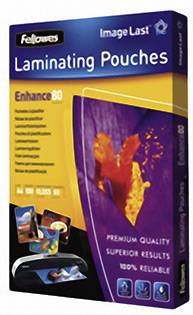 Verpackung von Laminierfolien mit der Aufschrift 'Fellowes Image Last'. Hervorgehobene Merkmale: 'Enhance 80', 'Premium Quality', '100% Reliable'.