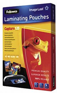 Verpackung für Laminierfolien mit Bild eines Froschs, der das Produkt 'Image Last Laminating Pouches' bewirbt. Markenname 'Fellowes'.