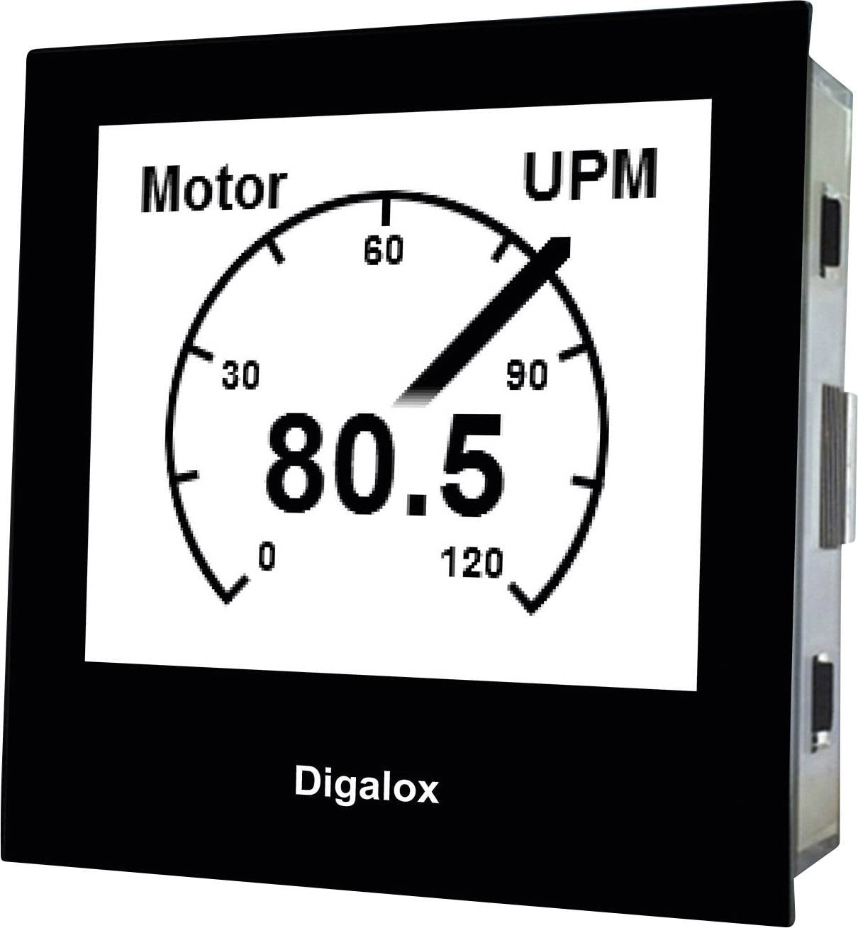 Anzeige eines Tachometers für 'Motor UPM', zeigt 80,5 auf einer Skala bis 120.