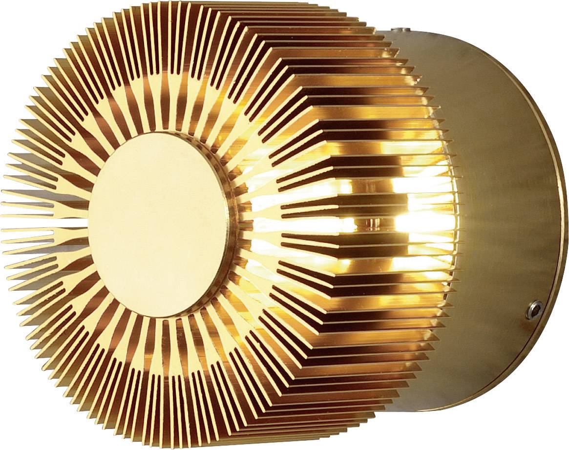 Goldene Wandleuchte mit radialen Streben, die das Licht diffus verteilen. Energiesparend und dekorativ in modernen Innenräumen.