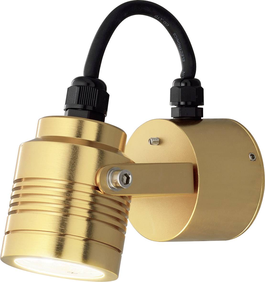 Goldene, zylindrische Wandlampe mit schwarzem Kabel; modernes Design, geeignet für Innen- oder Außenbeleuchtung an Gebäuden.