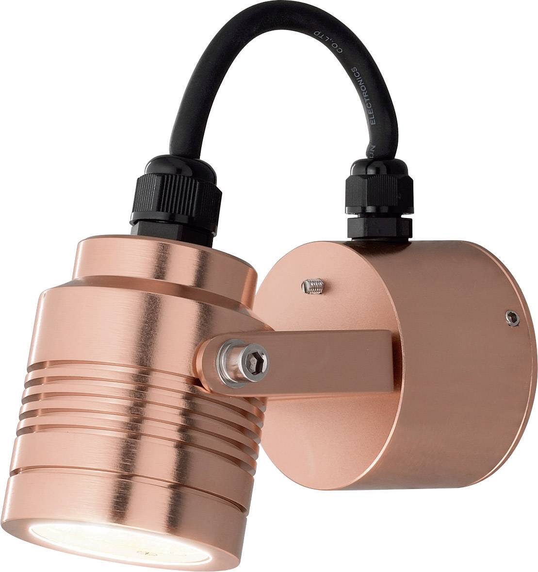 Kupferfarbene Wandlampe mit schwenkbarem Gehäuse und schwarzem Kabel, geeignet für Innen- und Außenbereiche.