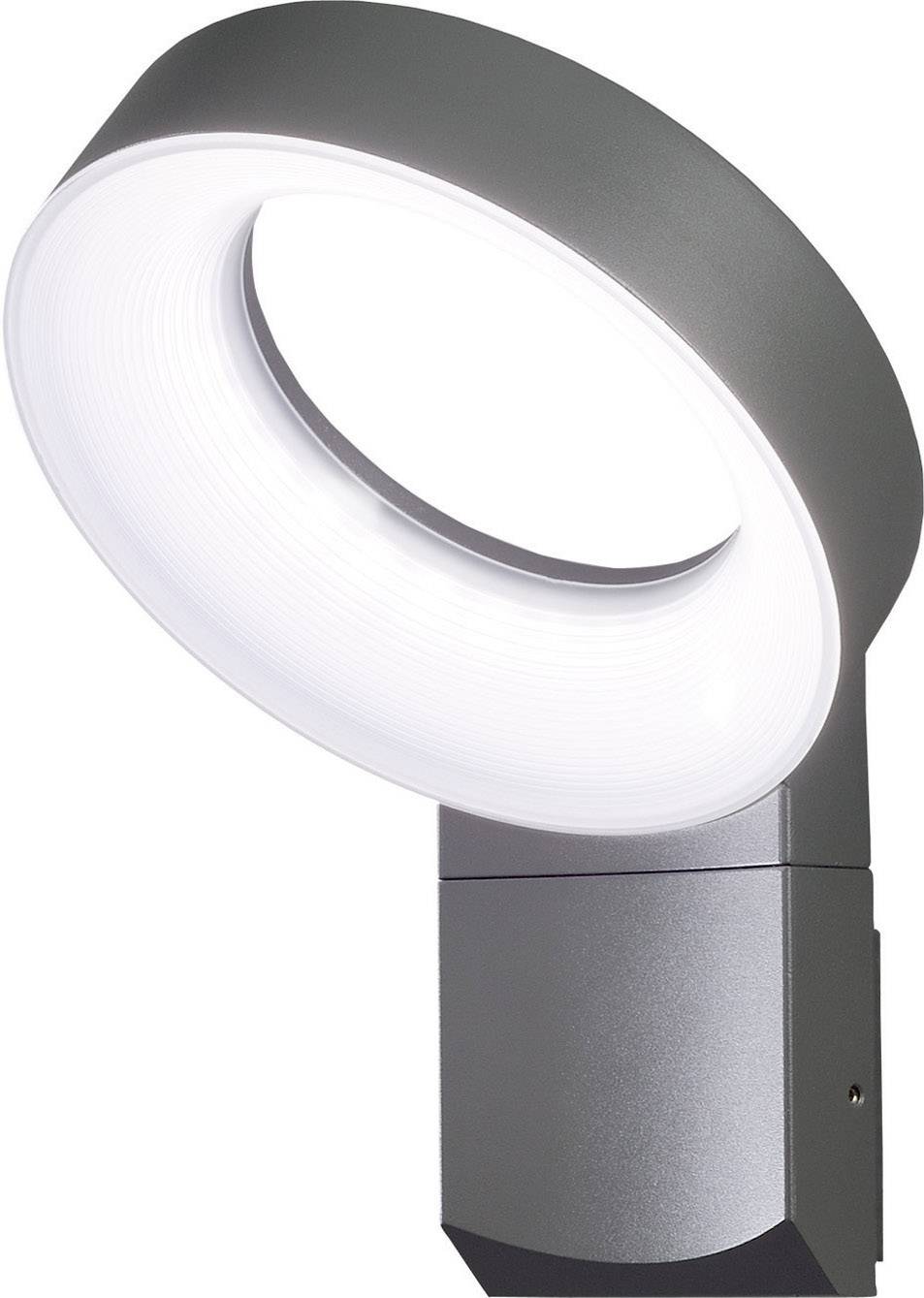 Eine moderne, runde Außenleuchte mit integriertem LED-Ring, montiert auf einem grauen Sockel, geeignet für Wände und Wege.