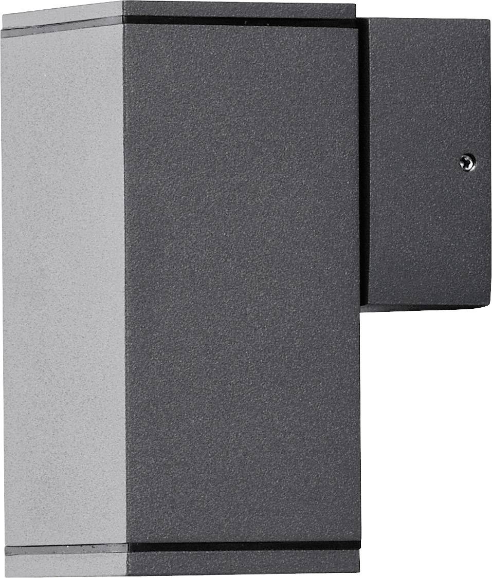 Quadratische schwarze Außenleuchte mit moderner, minimalistischer Bauweise. Geeignet zur Wandmontage.