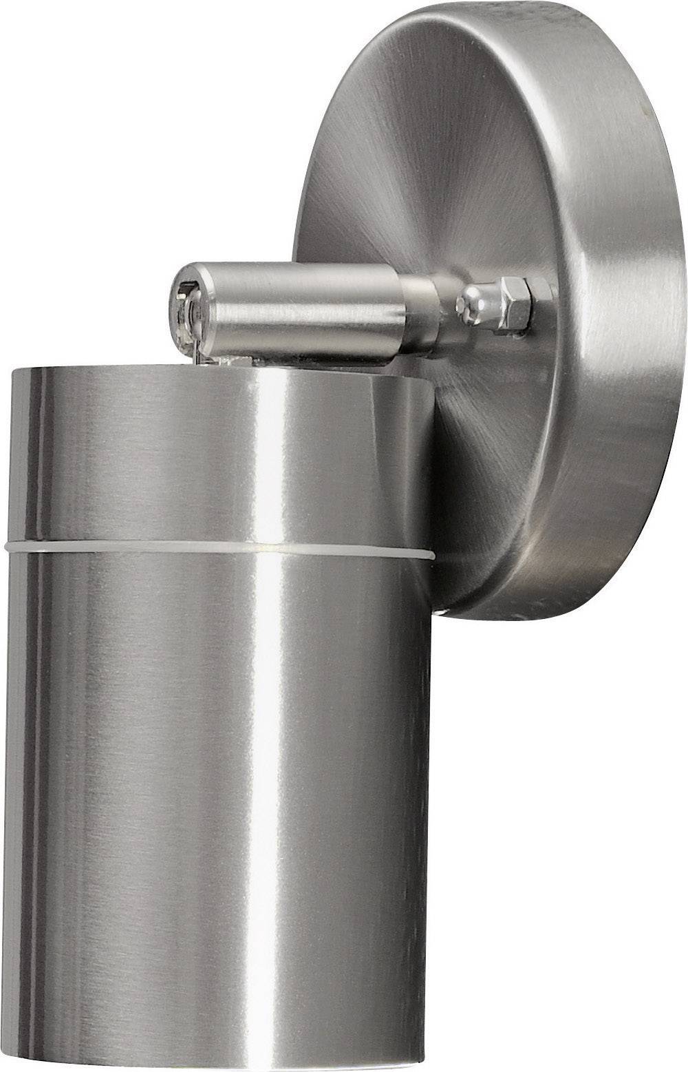 Eine silberne, zylindrische Außenleuchte aus Metall, die an einer Wandhalterung befestigt ist. Sie hat ein modernes, minimalistisches Design.