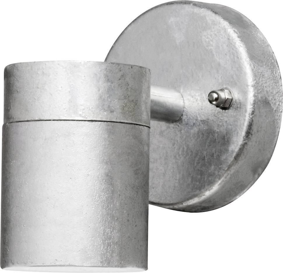 Runde, silberfarbene Außenlampe mit zylindrischem Schirm und Wandhalterung, geeignet für moderne Außenbeleuchtung.