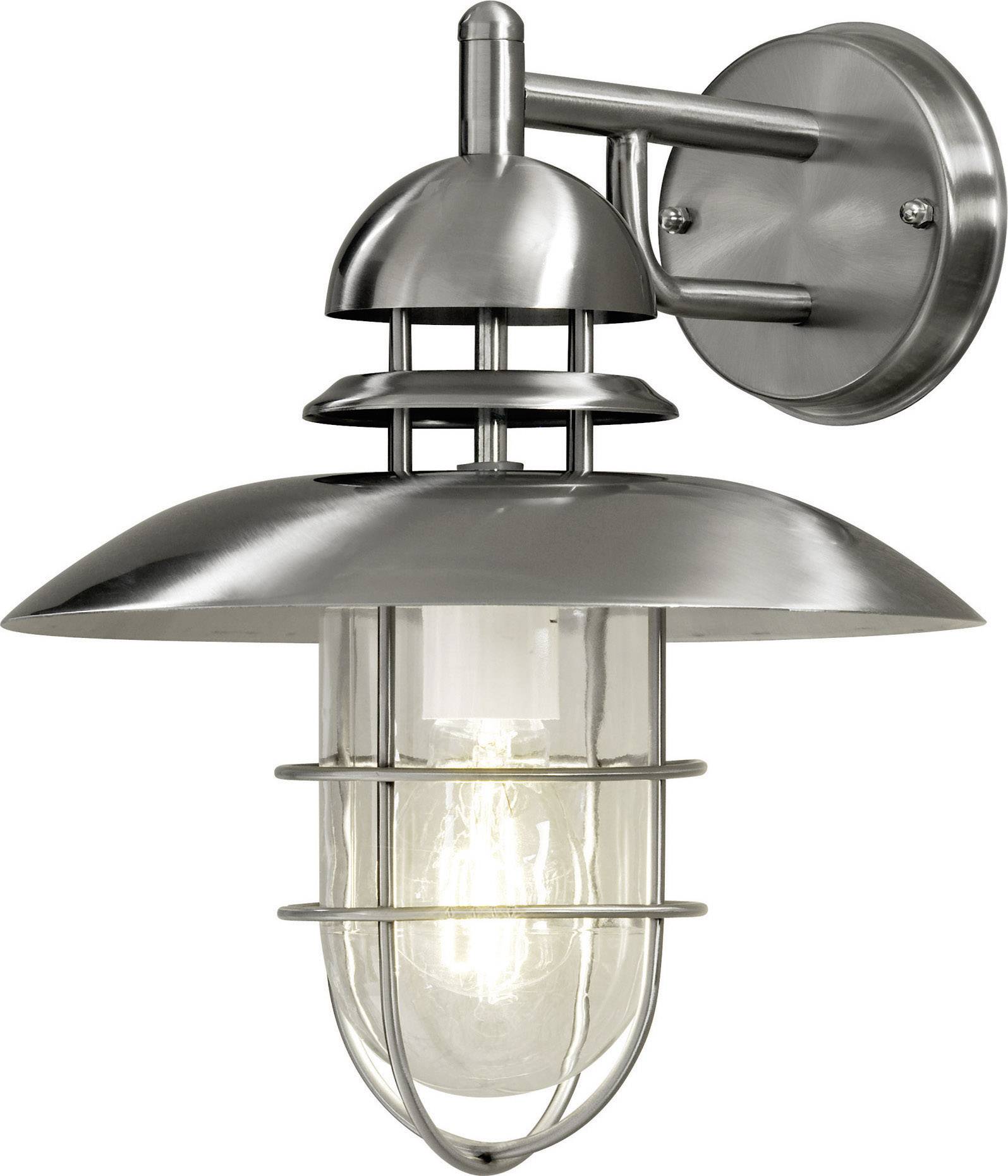 Außenwandleuchte aus Metall mit elegantem, gebürstetem Finish und Glasabdeckung, die ein warmes Licht ausstrahlt.