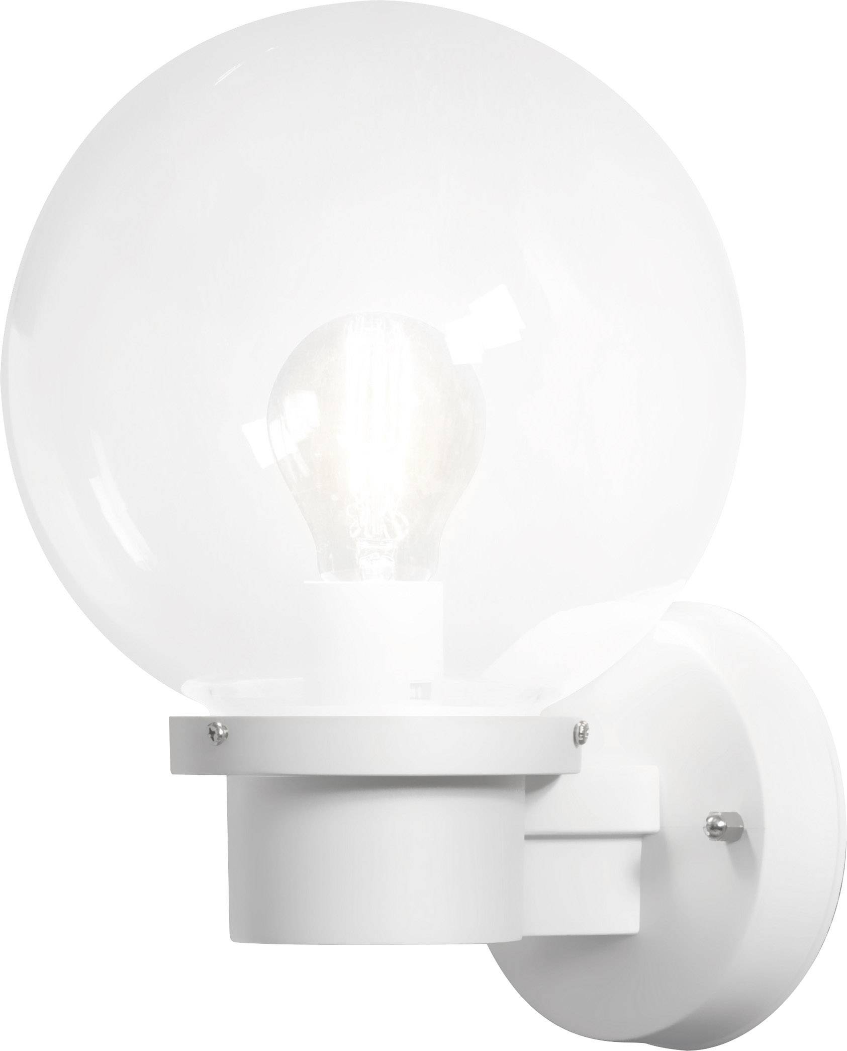 Weiße Wandlampe mit kugelförmigem, transparentem Glasschirm und sichtbarer Glühbirne, elegant und schlicht im Design.