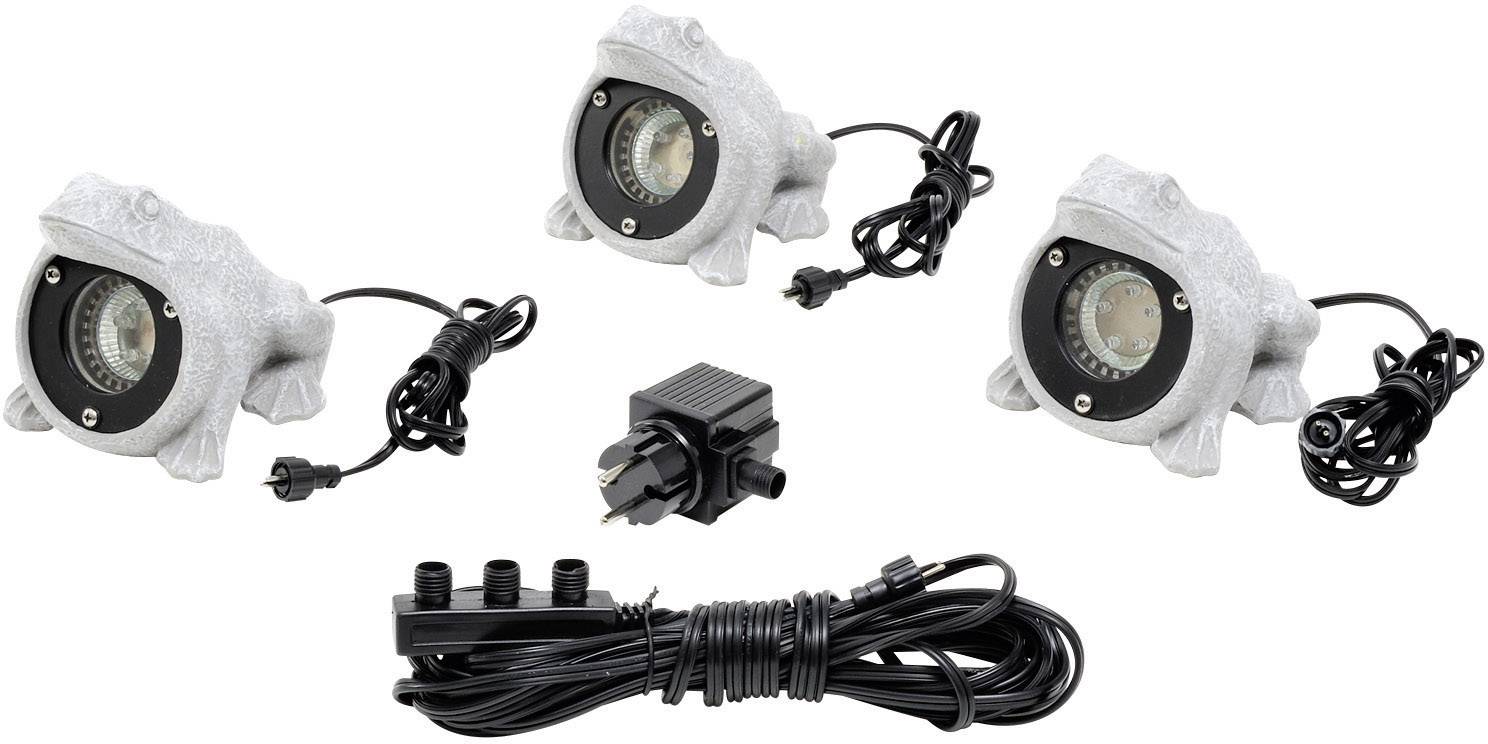 Drei graue Frosch-Gartenleuchten mit Kabeln und einem Adapter. Geeignet zur Beleuchtung von Außenbereichen.