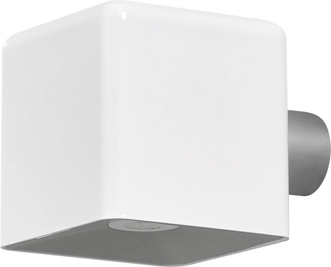 Weiße, würfelförmige Wandlampe mit grauer Halterung, modern-minimalistisches Design.
