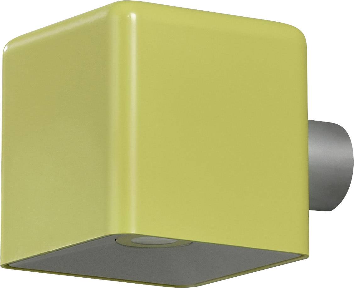 'Gelbe Wandlampe in Würfelform mit zylindrischem Anschluss, modern und minimalistisch gestaltet.'