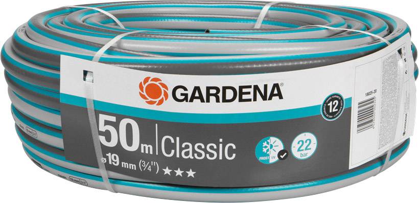 'Gardena Gartenschlauch 50 m Classic, 19 mm (3/4"), geeignet für maximal 22 bar. Langlebig und knickfest.'