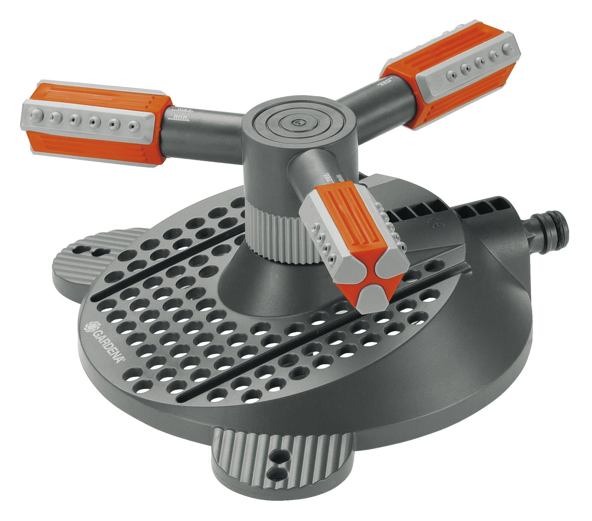 Ein runder, rutschfester Rasensprenger mit verstellbaren Armen und Düsen zur Bewässerung von Gärten.