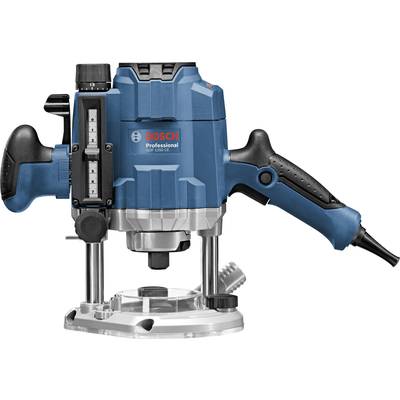 Elektrische Oberfräse in Blau mit Griffen und Skalentabelle; verwendet für Präzisionsfräsarbeiten in Holz und Kunststoff.