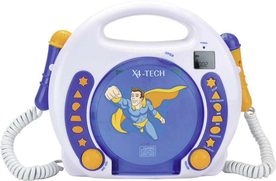 Tragbares Kinderkaraoke-Gerät in Weiß und Blau mit Mikrofonen und Superman-Illustration.