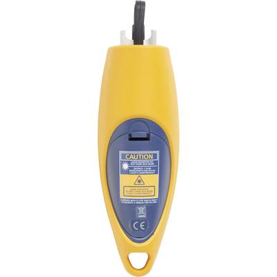 Ein gelbes elektrisches Prüfgerät mit dunkelblauem Etikett, das Sicherheitswarnungen und ein CE-Zeichen zeigt.