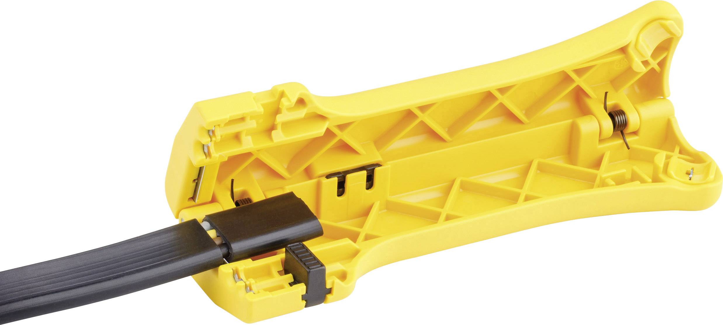 Gelbes Werkzeug mit Kabelschneider-Ummantelung um ein schwarzes Flachkabel. Dient zur Sicherung und Stabilisierung bei der Kabelverlegung.
