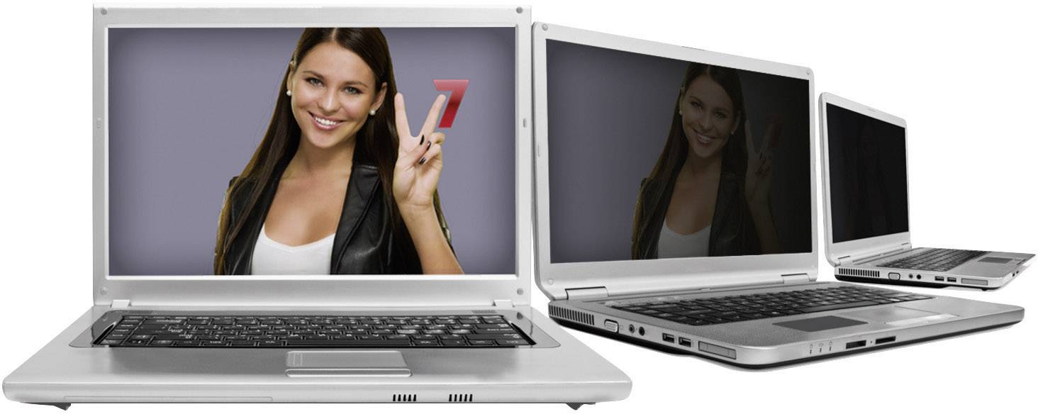 Darstellung der Funktionsweise einer Blickschutzfolie für Laptops. Links ist ein Laptop in frontaler Ansicht mit klar zu erkennendem Bild. Rechts daneben ist eine weitere Ansicht des Laptops. Hier ist er leicht zur Seite gedreht und der Bildschirm erscheint dunkler. Ganz rechts ist die Ansicht des noch stärker zur Seite ausgerichteten Laptops. Der Bildschirm erscheint völlig schwarz.