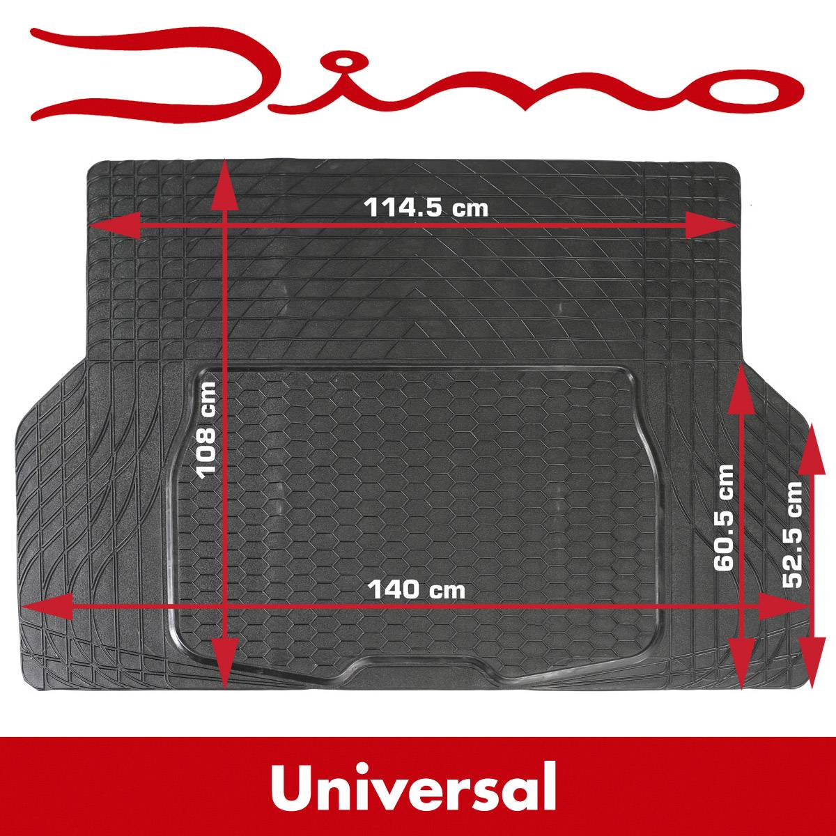 Gummimatte mit den Maßen: 114,5 cm Breite, 108 cm Tiefe, 140 cm Basis. Universelle Passform.