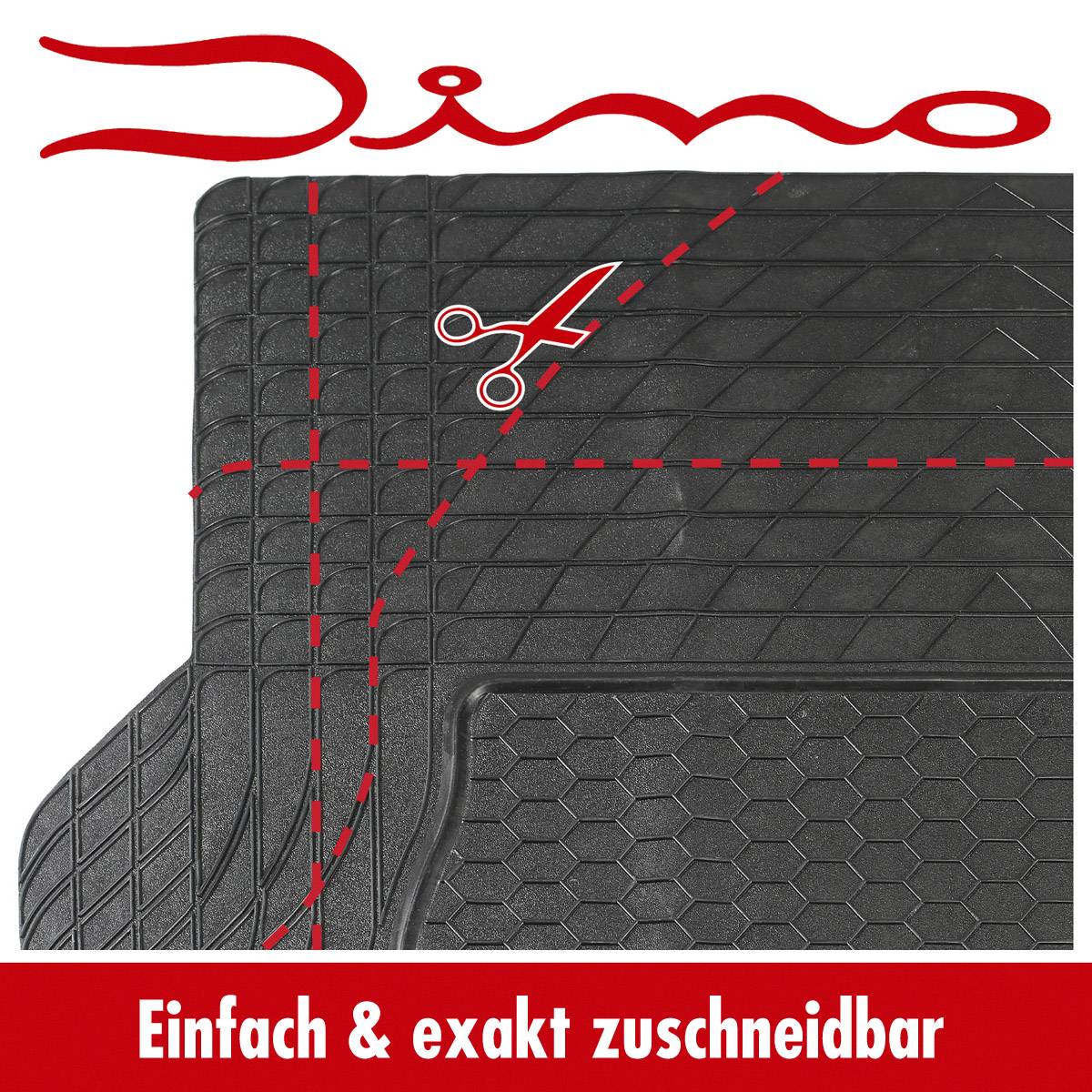 Schwarze Fußmatte mit roten Schnittlinien und Scherensymbol, beschriftet mit 'Einfach & exakt zuschneidbar'.