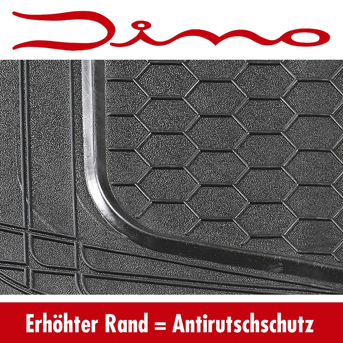 Die Abbildung zeigt eine strukturierte Antirutschmatte mit einem erhöhten Rand, um das Ausrutschen zu verhindern. Text: 'Erhöhter Rand = Antirutschschutz'.