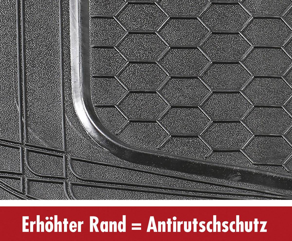 Nahaufnahme einer schwarzen Gummimatte mit Wabenmuster und erhöhtem Rand. Darunter in Weiß auf rotem Hintergrund steht 'Erhöhter Rand = Antirutschschutz'.
