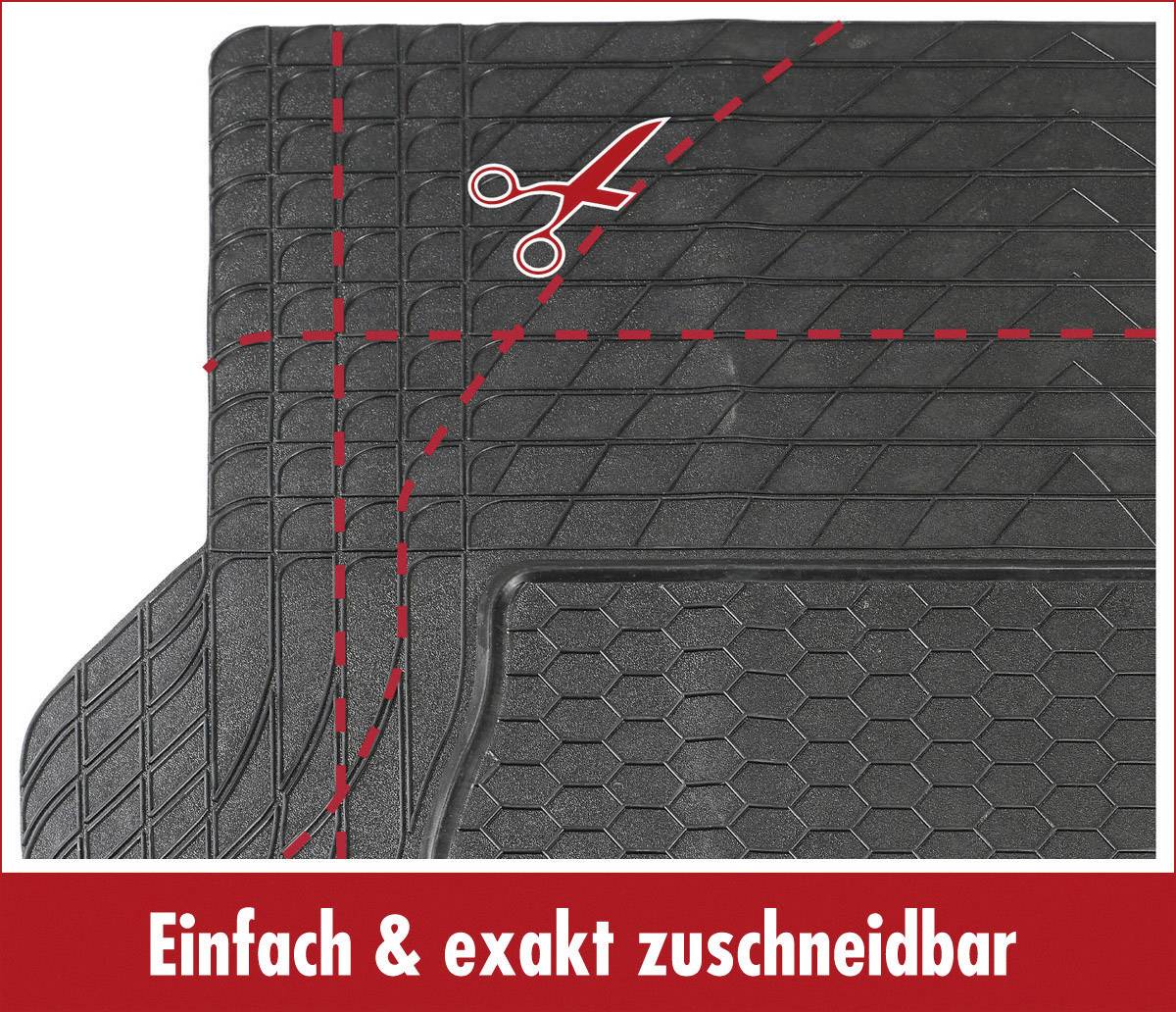 Fußmatte mit roter gestrichelter Linie und Scherensymbol zeigt, wo sie einfach zugeschnitten werden kann. Text 'Einfach & exakt zuschneidbar'.
