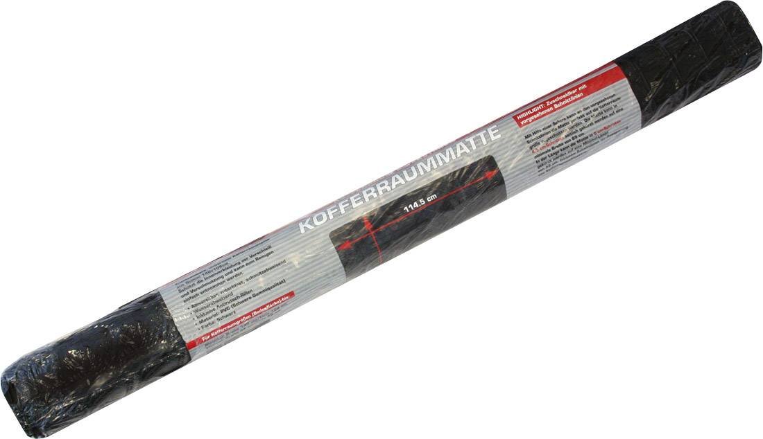 Eine zusammengerollte schwarze Kofferraummatte mit roter Beschriftung, auf der 'Kofferraummatte' steht.