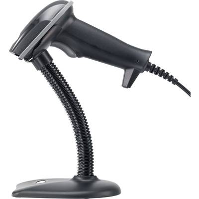 Ein schwarzer Handscanner auf einem flexiblen Ständer, geeignet für das Scannen von Barcodes in Läden oder Lagern.