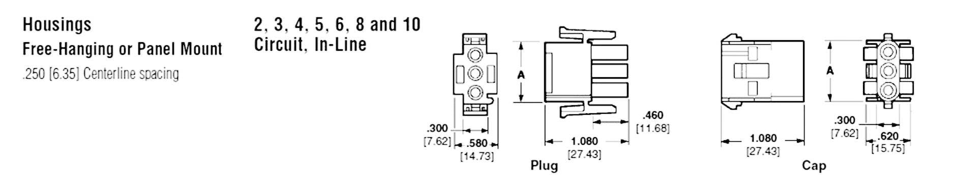 Gehäuse für Freihängend oder Tafelmontage, 2 bis 10 Schaltungen, Inline. Maße für Steckverbinder und Kappe in Zoll und Millimeter angegeben.