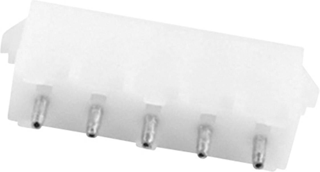 Fünfpoliger weißer Kunststoffstecker, horizontal ausgerichtet, mit metallischen Pins unten, vor weißem Hintergrund.