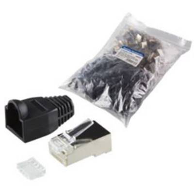 'Tasche mit Netzwerkkabelsteckern, schwarze RJ45-Abdeckungen und ein einzelner RJ45-Stecker auf weißem Hintergrund.'