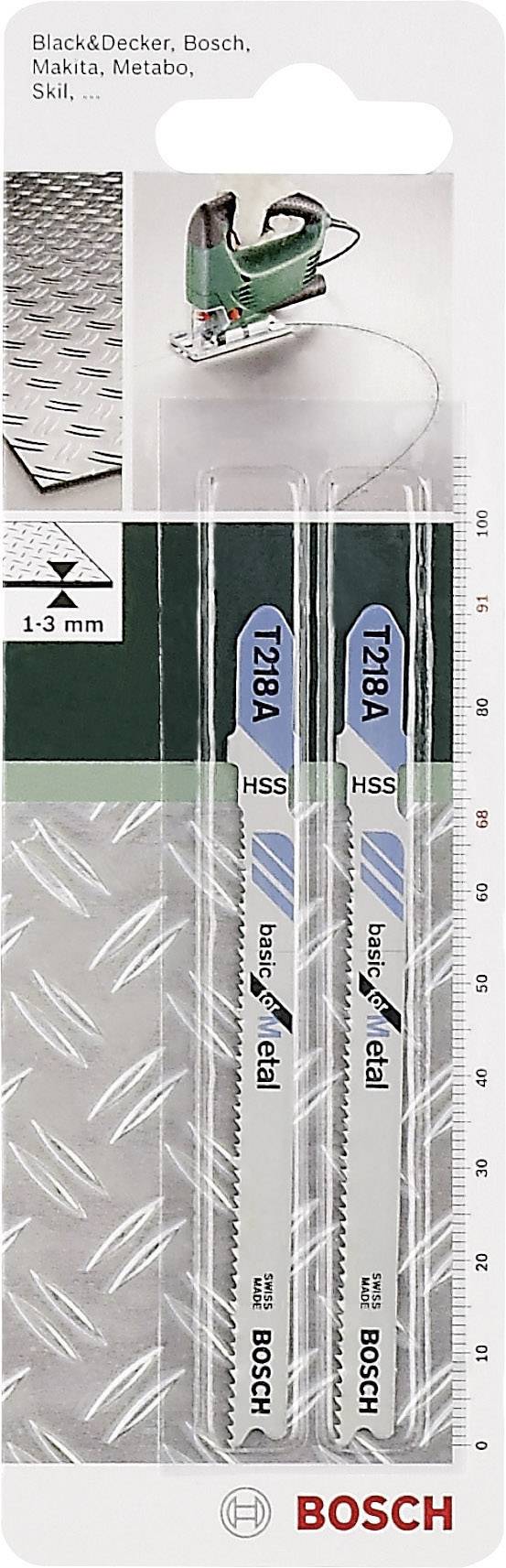 Verpackung eines Bosch T 218 A Metallsägetriebes für diverse Marken, geeignet für 1-3 mm Metall, mit Abbildung der Säge und Sägeblätter.