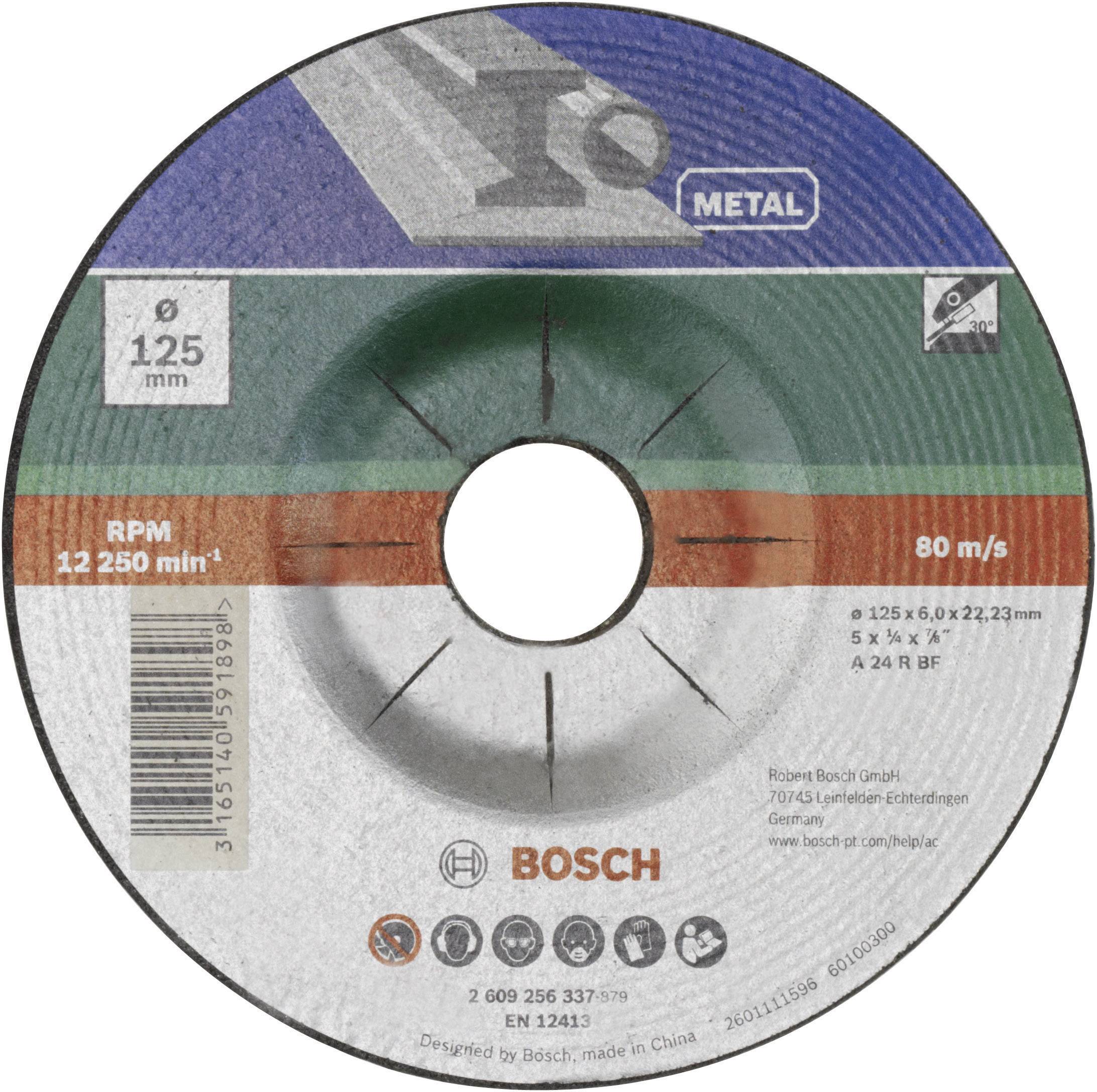 'Schleifscheibe für Metall, 125 mm Durchmesser, Bosch-Marke. Maximale Drehzahl 12.250 U/min, 80 m/s.'