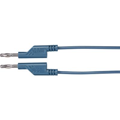 Zwei blaue Bananenstecker mit silbernen Metallspitzen und flexiblen Kabeln, die oft in elektronischen Geräten verwendet werden.