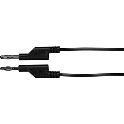 Zwei schwarze Bananenstecker mit Kabel, übereinander angeordnet. Beide Stecker sind gleich lang und haben eine geriffelte Isolierung.