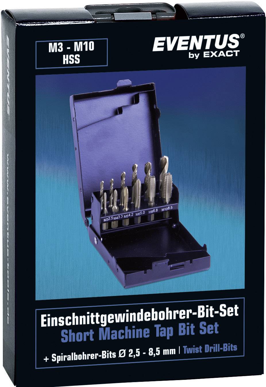 Eine Verpackung, die ein Einschneidgewindebohrer-Bit-Set zeigt. Enthält Größen M3 bis M10, geeignet für Spiralbohrer Ø 2,5 - 8,5 mm.