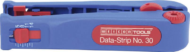 Ein blau-rotes Werkzeug zur Kabelisolationsentfernung von Weicon Tools mit der Aufschrift 'Data-Strip No. 30'.