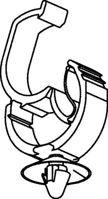 Technische Zeichnung einer Rohrschelle mit Verschlussmechanismus, zeigt Details wie den Befestigungsclip und Schraubenposition.