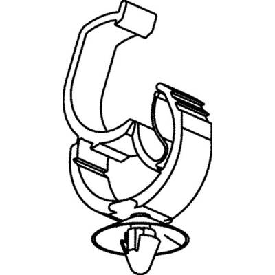 Technische Zeichnung einer Rohrschelle mit Verschlussmechanismus, zeigt Details wie den Befestigungsclip und Schraubenposition.