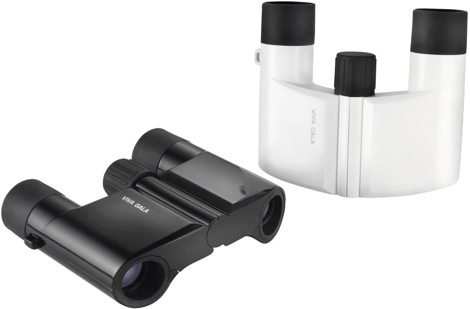 Schwarzes und weißes Fernglas nebeneinander. Ideal für Outdoor-Aktivitäten oder Vogelbeobachtung. Kompakte, handliche Bauweise.
