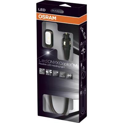 Verpackung einer flexiblen LED-Leselampe der Marke OSRAM 'Led ONYX Copilot M'. Zeigt das Produkt, Logos und Installationshinweise.