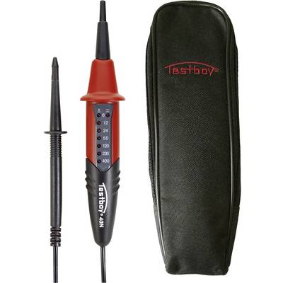Ein Spannungsprüfer und eine schwarze Hülle mit rotem Logo. Der Prüfer zeigt Spannungswerte von 12 bis 400 Volt an.