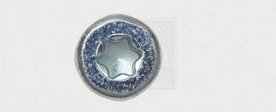 Eine Metallschraube mit sechsseitigem Sternantrieb und blauer Beschichtung auf grauem Hintergrund.