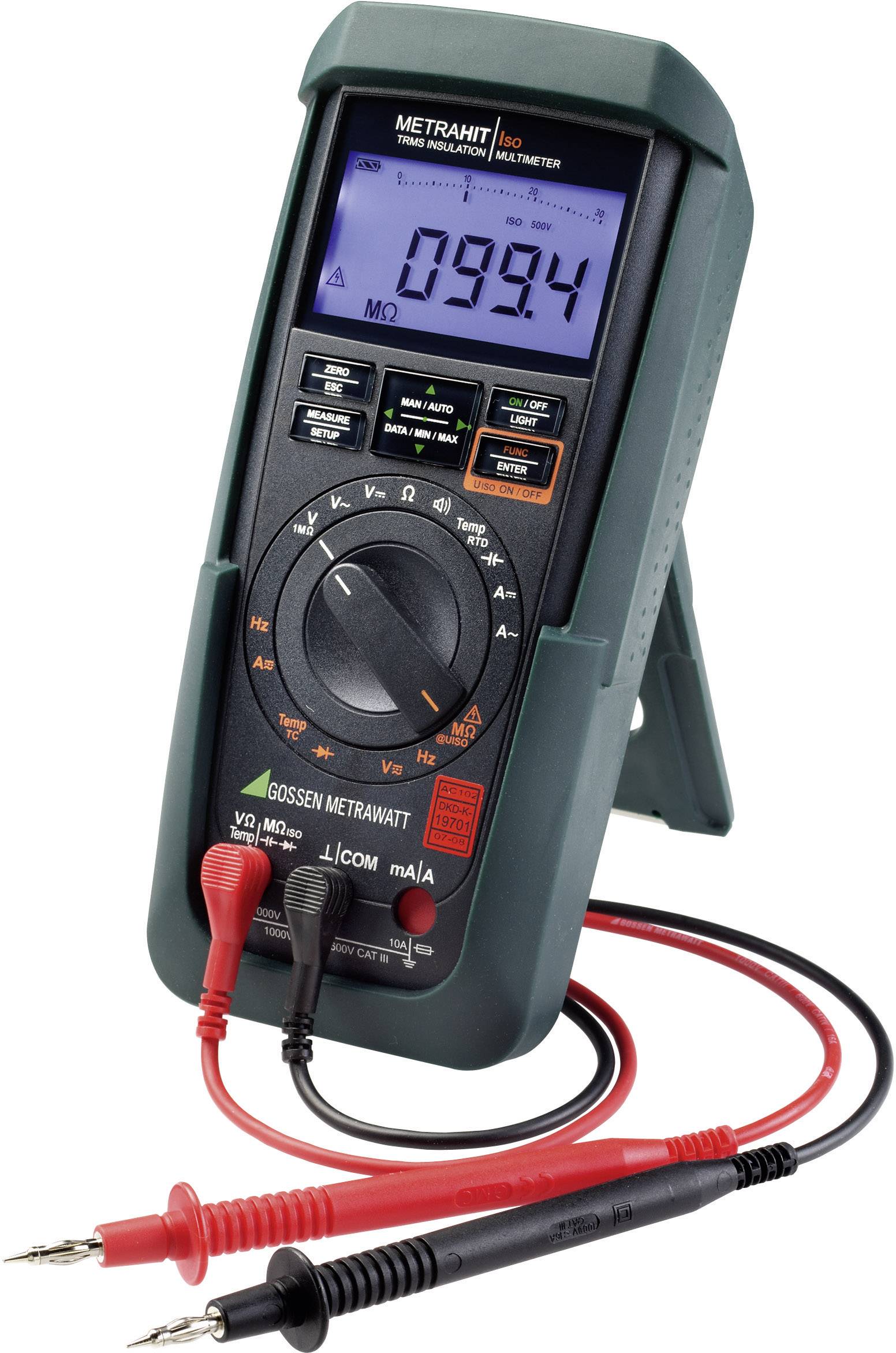 Ein digitales Multimeter mit großem Display zeigt den Wert '0994'. Es hat verschiedene Messfunktionen und rote sowie schwarze Messleitungen.