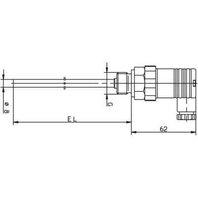 Technische Zeichnung eines Rohranschlusses mit Maßen: Gesamtlänge (EL), Durchmesser (ø8), Gewindelänge (G), Gesamtlänge 62 mm.